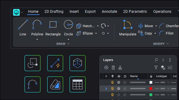 BricsCAD interface showing the Home toolbar with Draw and Modify tools, feature icons, and a Layers panel with linetype settings.