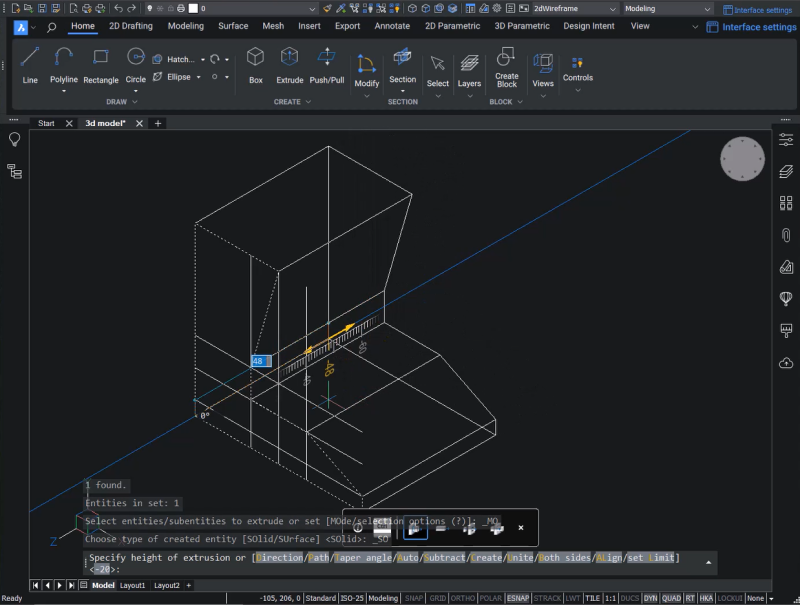 Extrude 3D model BricsCAD