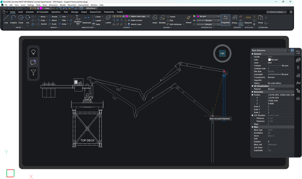 BricsCAD 2D Drafting interface showing a structural floor plan with colored layers, a Layers panel, and Modify tools.