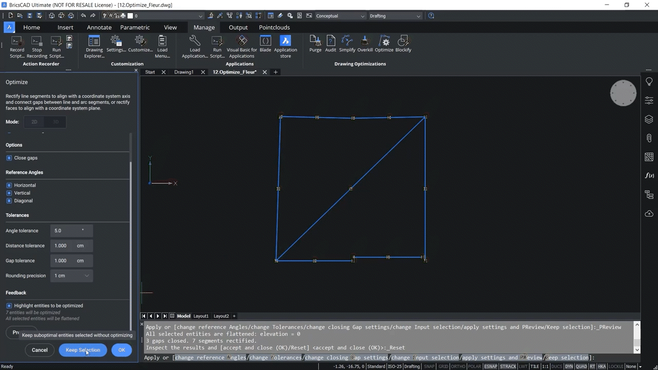 How to use OPTIMIZE 2D command in BricsCAD 6,14-6,16