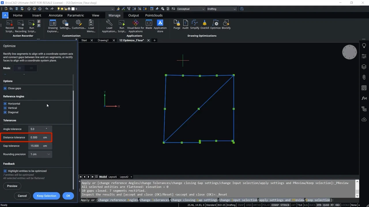 How to use OPTIMIZE 2D command in BricsCAD 4,30