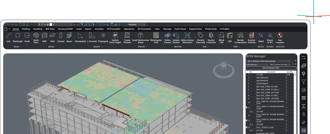 BricsCAD BIM interface showing a 3D isometric model of a multi-story building structure with floors and facade elements.