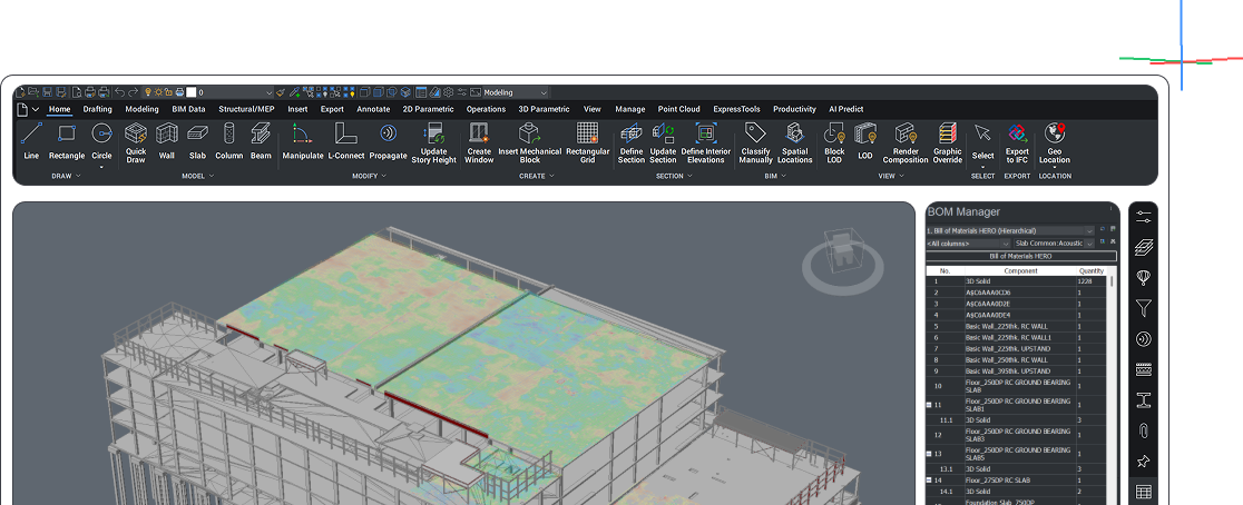 BIM tools - Dark BricsCAD BIM interface showing a 3D isometric model of a multi-story building structure with floors and facade elements.