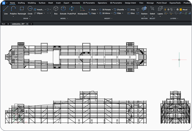 BricsCAD interface displaying a 3D submarine wireframe model in top, side, and front orthographic views.