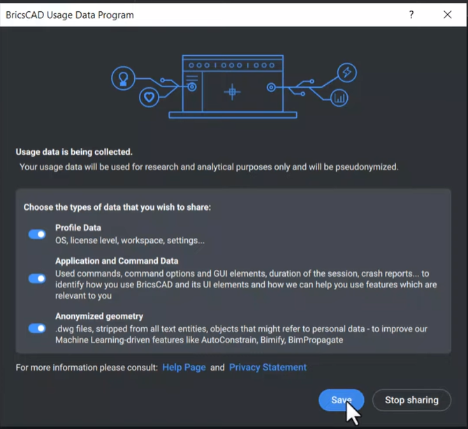 BricsCAD Usage Data Program Sharing Options