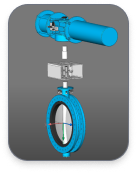 3D CAD model of a blue butterfly valve with actuator, displayed in BricsCAD with a dark gray background.