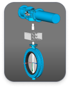 Communicator asset 4 3D CAD model of a blue butterfly valve with actuator, displayed in BricsCAD with a dark gray background.