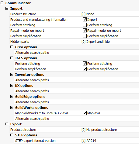 Import and Export files with the Communicator for BricsCAD<sup>®</sup>- Communicator Settings
