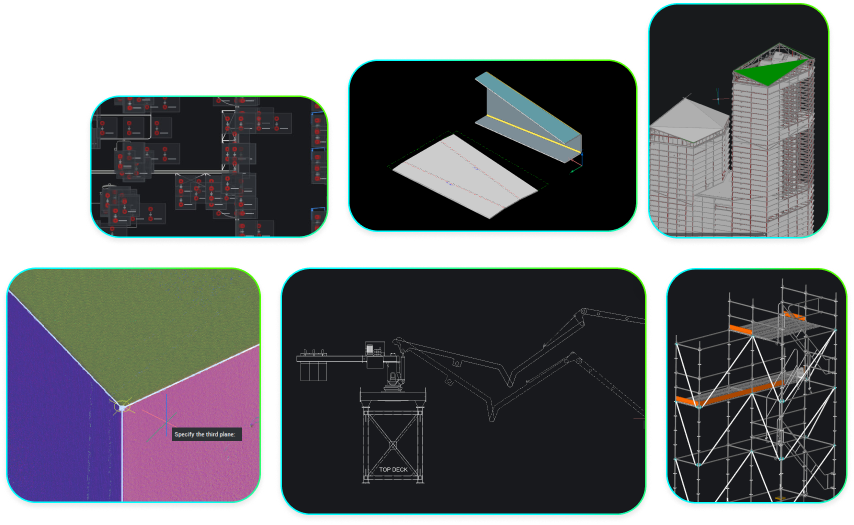 Six BricsCAD views showing scaffolding structures, a 2D elevation drawing, pipe joints, and a 3D building model.