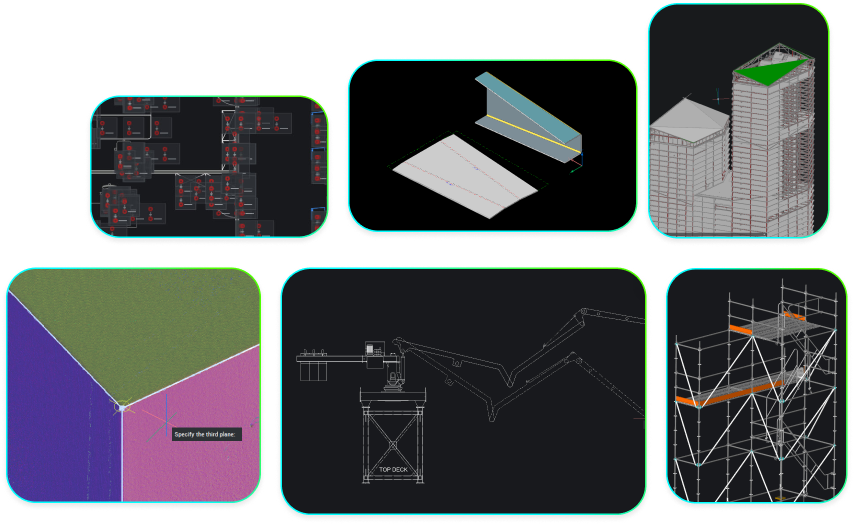 FREE Trial - Main visual Six BricsCAD views showing scaffolding structures, a 2D elevation drawing, pipe joints, and a 3D building model.