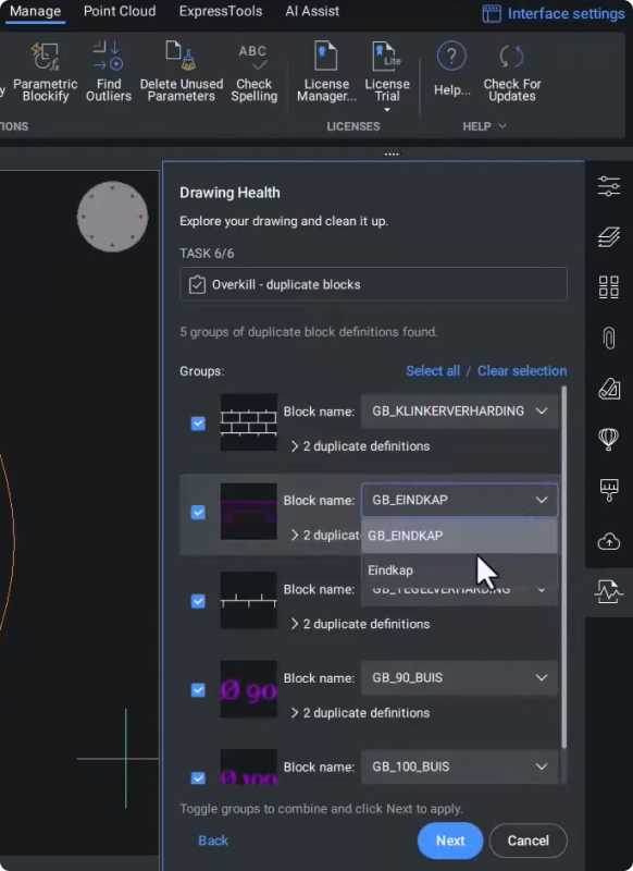 Overkill block definition drop down