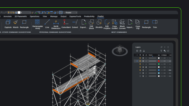 BricsCAD interface displaying a 3D model of a scaffolding structure with orange platforms and a Layers panel open.