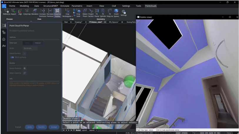 Toggle between bubble views and switch point clouds on or off to show the solids you create