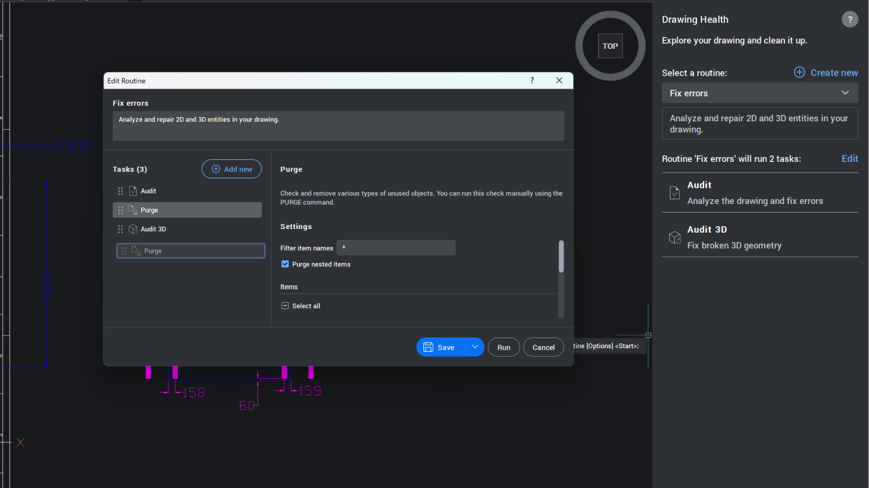 BricsCAD Drawing Health panel with Edit Routine dialog open, showing Fix errors routine with Purge task settings.