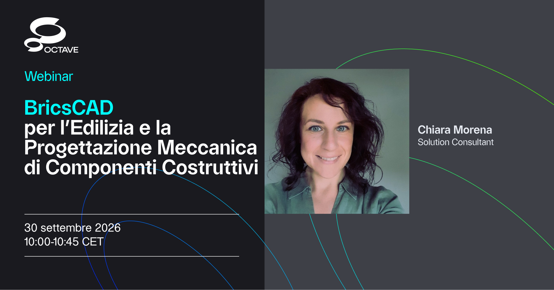 Webinar banner for BricsCAD Building and Maintenance Sept 30, featuring speaker Chiara Morena, Technical Pre-Sales, EMEA.