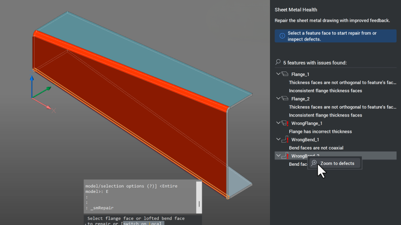 Converting, reparing, and unfolding sheet metal BricsCAD Sheet Metal Health panel showing a 3D sheet metal channel model with 5 detected defects listed, including flange and bend issues.