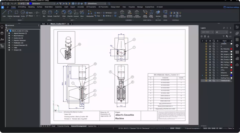Dibujos de producción de componentes en BricsCAD Mechanical