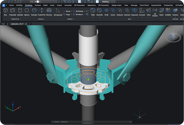 BricsCAD 3D modeling interface showing a detailed submarine mechanical assembly with teal and gray components.