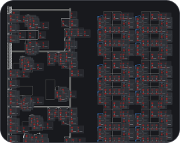 CAD drawing - V27 Banner visual BricsCAD interface showing a dark-themed CAD drawing with floor plans and building layouts displayed in red and white lines.