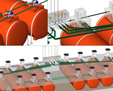 3D CAD model of an industrial piping system with large orange tanks, green pipes, and valve assemblies shown from two angles.