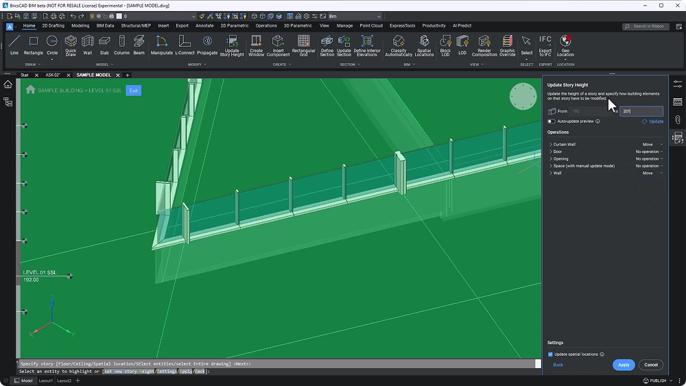 change curtain wall BricsCAD BIM