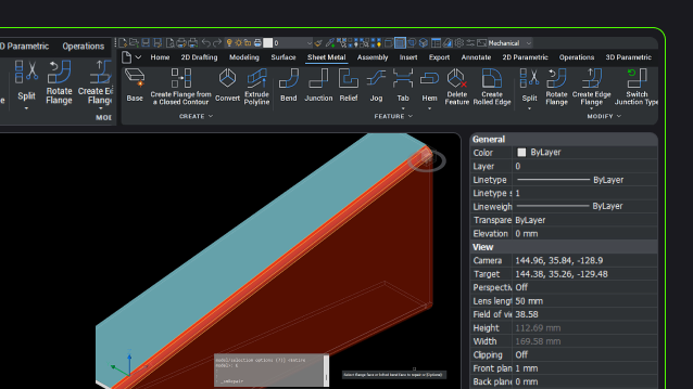 BricsCAD Sheet Metal workspace showing a 3D flat panel model with properties panel displaying layer and view settings.