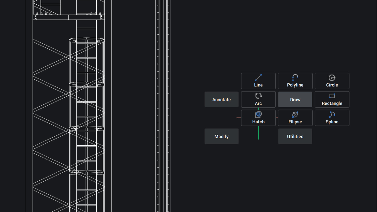 BricsCAD interface showing a 2D structural tower drawing with a Draw toolbar displaying Line, Polyline, Circle, Arc, Rectangle, Hatch, Ellipse, and Spline tools.