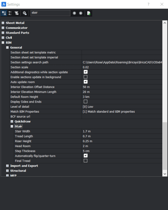 BIM Stair Tool - New for BricsCAD BIM V20- stair settings-585x731