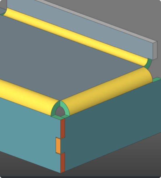 3D CAD model showing a structural assembly with yellow cylindrical rods resting on teal and gray rectangular components with green connectors.