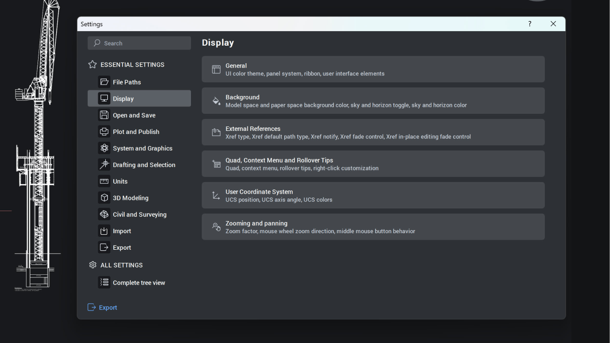 UX enhancements for simplified workflow BricsCAD Settings dialog showing the Display category with options for General, Background, External References, and more.