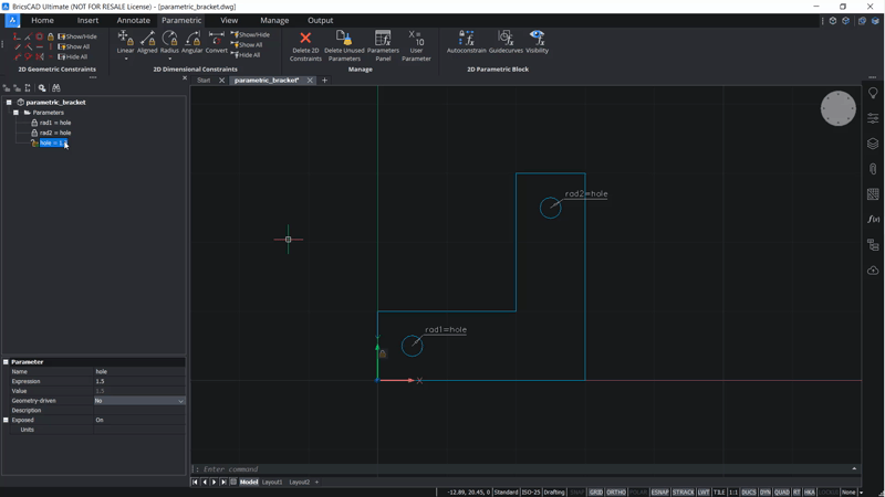 Use 2D Constraints and Parameters to Create a Bracket- 8 animate