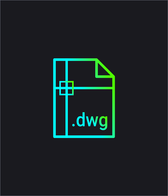 Icon of a .dwg file with a cyan-to-green gradient outline on a dark background, representing a CAD drawing file format.