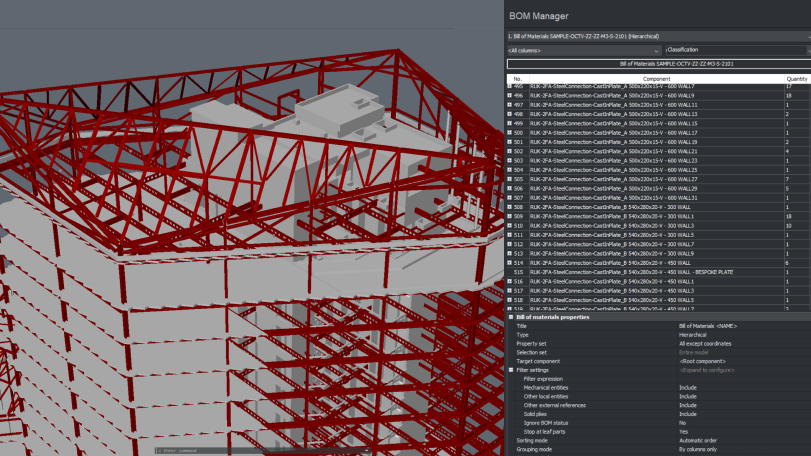BricsCAD BIM interface showing a 3D steel-framed building model with the BOM Manager panel listing structural components.