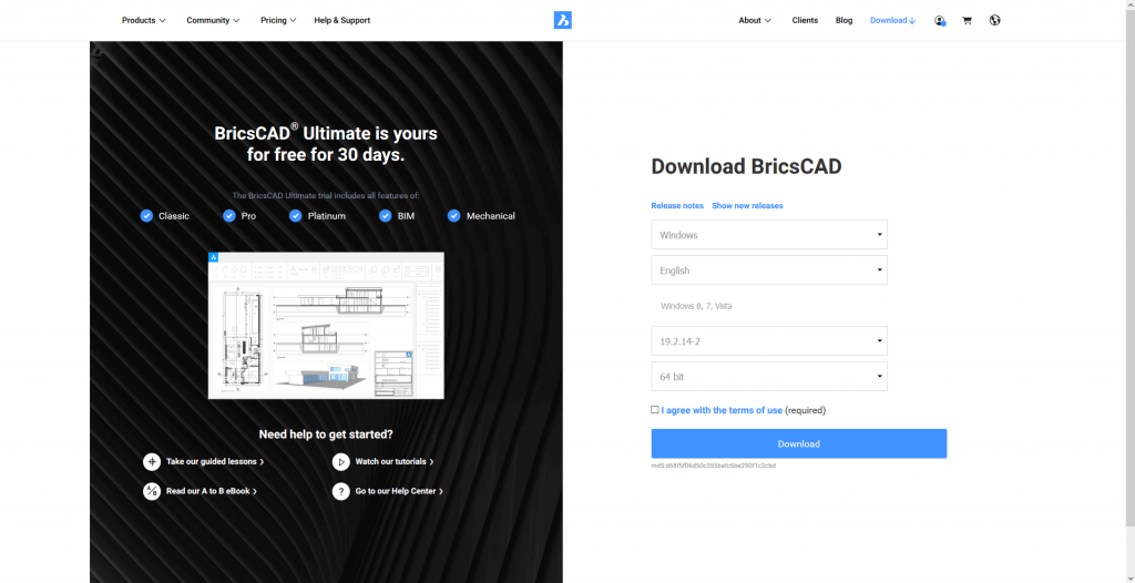 How to Download Your Free Trial of BricsCAD V21- Download old version landing page-1024x526