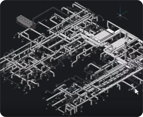 Complex isometric piping and mechanical system - V27 Banner visual BricsCAD 3D CAD model showing a complex isometric piping and mechanical system layout on a dark background.