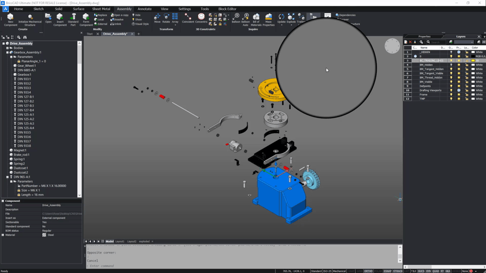 Annotated, Exploded, Isometric Drawing- trailing lines