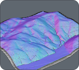 3D terrain model with colorful surface visualization in shades of purple, blue, and pink, showing elevation and topographic details.