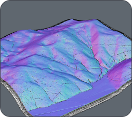 3D terrain model - V27 Banner visual 3D terrain model with colorful surface visualization in shades of purple, blue, and pink, showing elevation and topographic details.