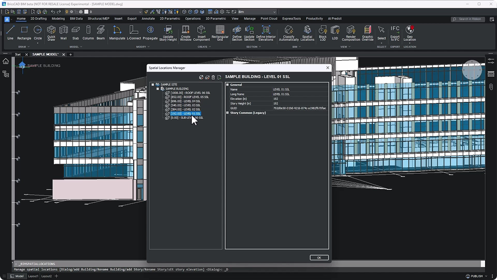 Spatial locations manager BricsCAD BIM datums imported