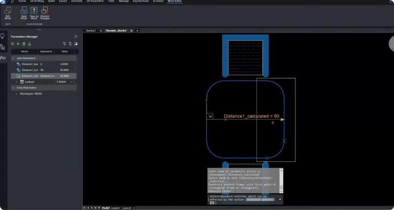 Reconstruct stretch frame parametric block BricsCAD