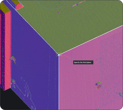 BricsCAD 3D point cloud scan of a building corner with a "Specify the third plane" prompt visible.