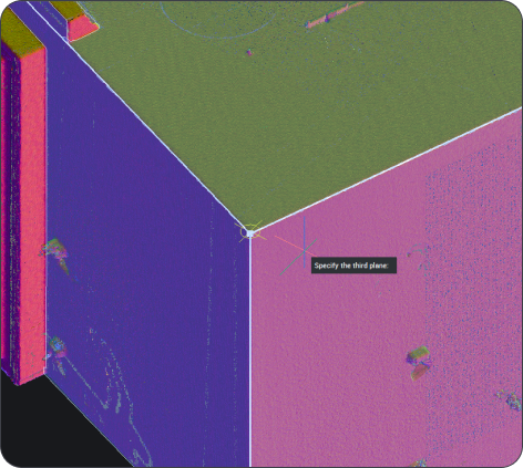 Point cloud scan of a building corner - V27 Banner visual BricsCAD 3D point cloud scan of a building corner with a "Specify the third plane" prompt visible.