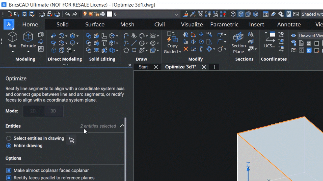 How to use OPTIMIZE 3D command in BricsCAD 1,45-1,51