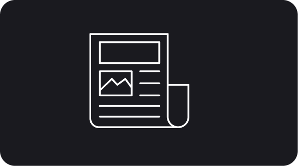 White outline icon of a newspaper or document with an image placeholder and text lines on a dark background.