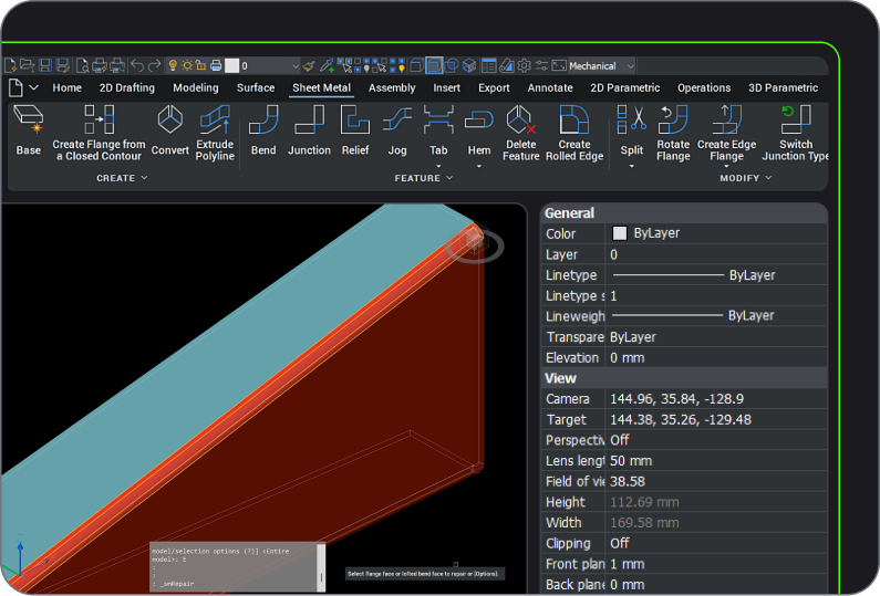 BricsCAD interface showing a 3D sheet metal model with the Sheet Metal toolbar and properties panel open on the right.