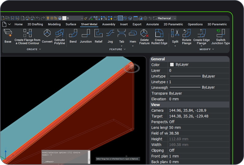 Mechanical toolset - Octave BricsCAD interface showing a 3D sheet metal model with the Sheet Metal toolbar and properties panel open on the right.