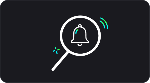 A magnifying glass icon with a bell inside, suggesting notifications or alerts, on a dark background.