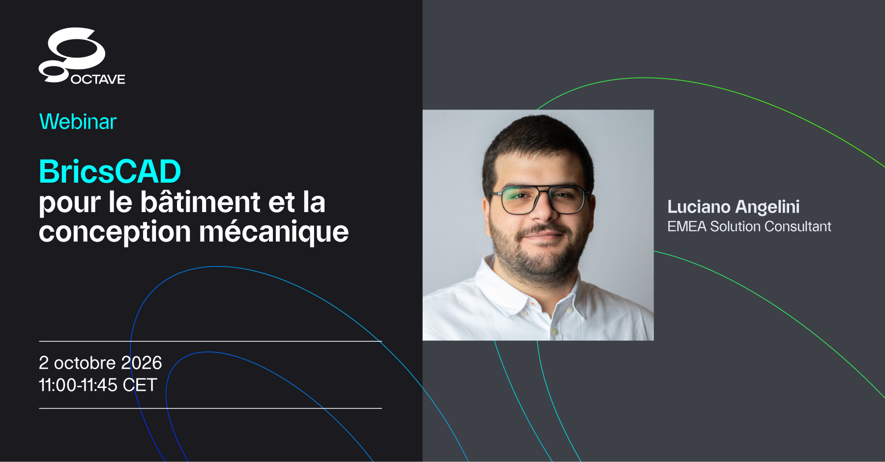 Webinar banner for BricsCAD Building and Maintenance Oct2, 2026, featuring speaker Luciano Angelini, Technical Pre-Sales, EMEA.