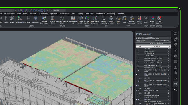 BricsCAD interface displaying a 3D model of a steel structure with red-highlighted beams, alongside a tips panel on the left.