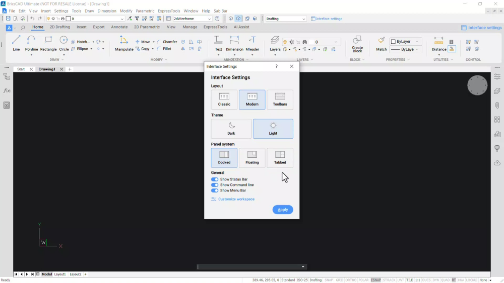 panel system bricscad interface settings